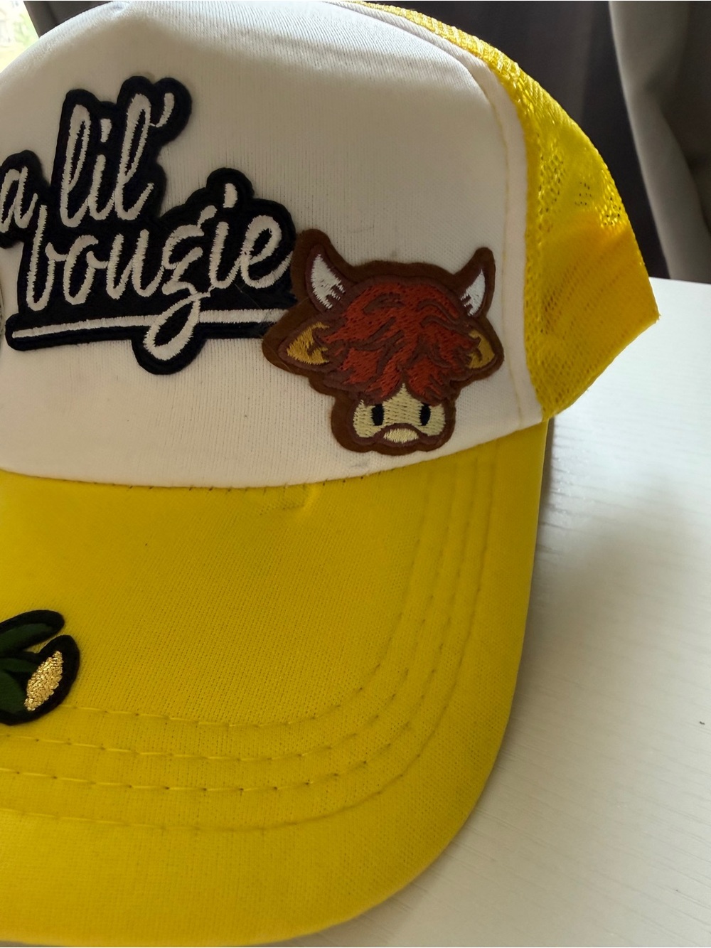 a lil' boujie Yellow White Patch Trucker Hat Cap Cow Butterfly OS - Picture 3 of 3